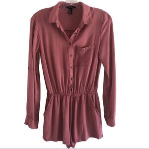 Forever 21 Collared Romper Size S Button Up Long Sleeves Pockets Terracotta Pink